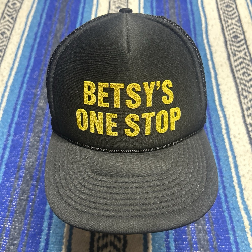 Vintage 90s Betsy's One Stop Trucker Hat Black Mesh Snapback Rope Cap